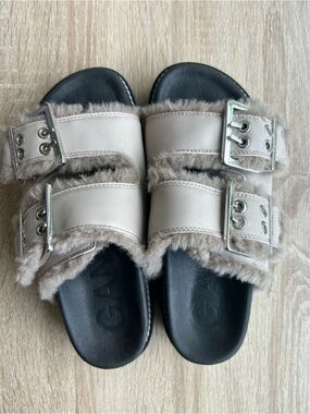 Ganni Fluffy Fuzzy Double Strap Buckle Sandal Slides 37 7